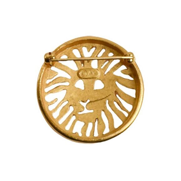 80s Anne Klein Gold Plate Cut Out Iconic Lion Head Logo Circle Pin Brooch - Picture 2 of 3